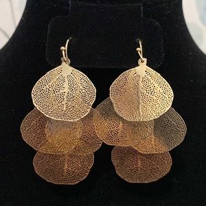 Gold Tone Boho Filigree Leaf Chandelier Dangle Earrings